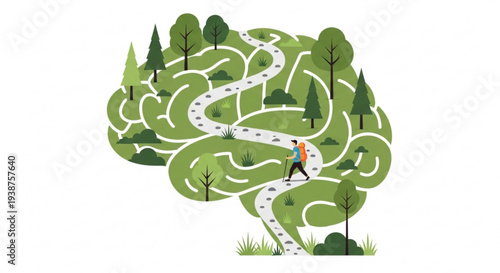 Person walking on winding path through brain shaped landscape with trees and grass symbolizing thought process and mental journey in a serene