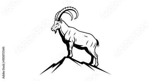 Majestic alpine ibex standing triumphantly atop a jagged mountain peak in a powerful black and