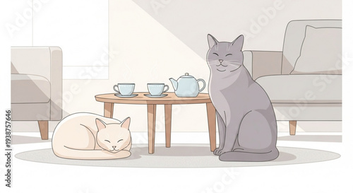 Two cats resting in a cozy living room with tea set on a coffee table surrounded by comfortable furniture