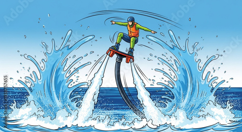 Man flying jet powered water propulsion device above ocean waves with dynamic splash and blue sky background adventure