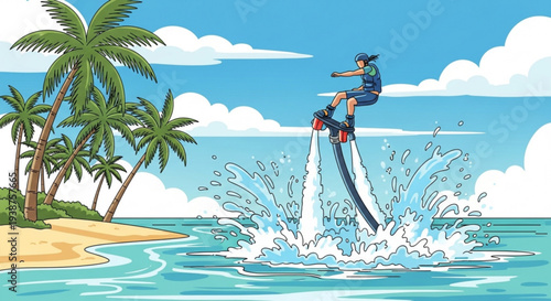 Man flying on jet ski over ocean waves near tropical beach with palm trees and clear blue sky with white clouds