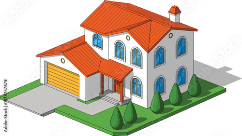 Modern suburban house with garage and garden, detailed residential building exterior illustration isolated on white background, real estate property concept, family home architecture design