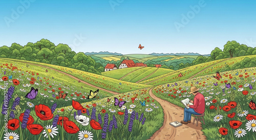Woman painting in a vibrant flower field with rolling hills and distant houses under a clear blue sky