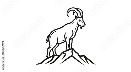 Stylized illustration of a powerful ibex with large horns gazing from a rocky mountain crest
