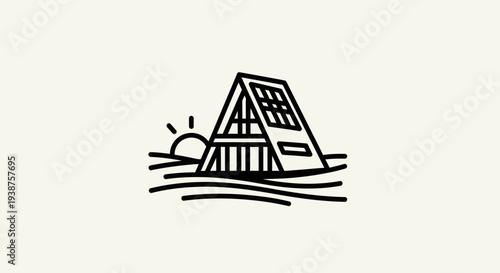 Minimalist A-frame cabin by the water with a rising sun design illustration artwork