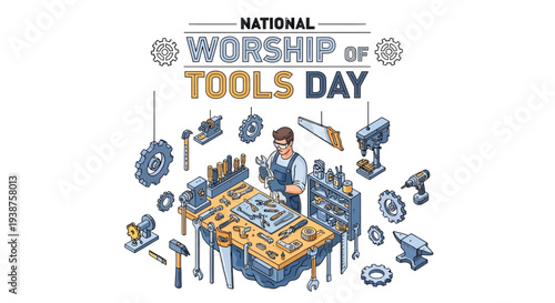Illustration of a person working at a workshop table surrounded by various tools, celebrating National Worship of Tools Day with a colorful arrangement of handyman and construction tools.