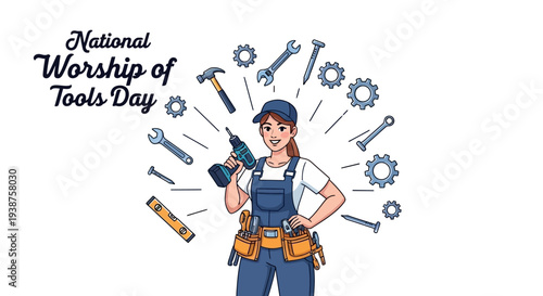 Illustration of a female handyman celebrating National Worship of Tools Day with various tools around her.
