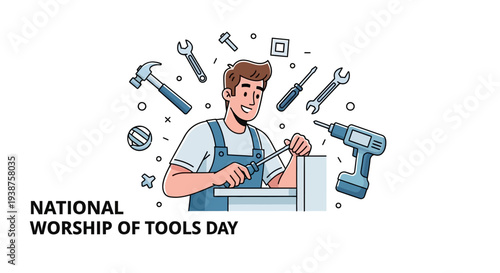 Illustration of a smiling handyman surrounded by various tools on National Worship of Tools Day with a colorful and playful design.