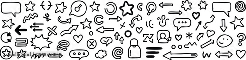 Collection of black hand drawn doodle and symbols on white background handdrawn arrows