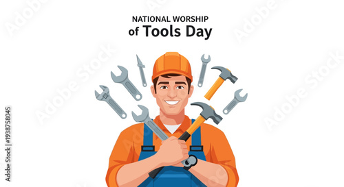 Illustration of a smiling handyman with tools and a hammer on National Worship of Tools Day, celebrating craftsmanship with a colorful flat lay composition.