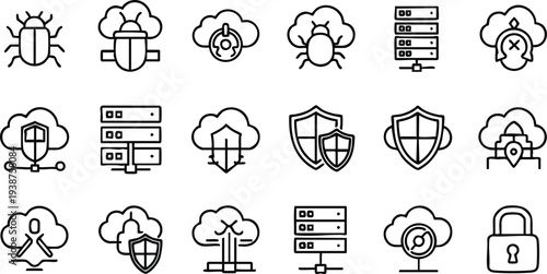 Collection of black outline representing cybersecurity and cloud computing concepts Keywords