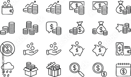Collection of black outline representing financial concepts and money management