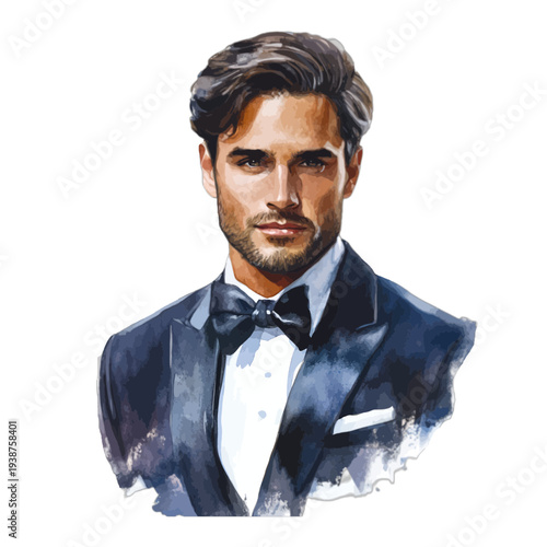 Handsome man in tuxedo and black bow tie, watercolor vector illustration