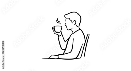 Minimalist line art illustration of a person enjoying a hot beverage at a table, capturing a