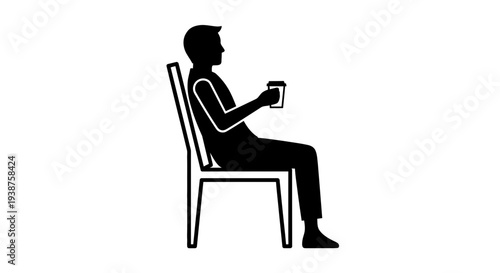 Minimalist black silhouette of a person enjoying a warm beverage while seated comfortably