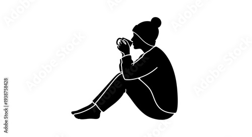 Minimalist Silhouette of a Person Enjoying a Warm Drink in Winter Attire Quietly Relaxing