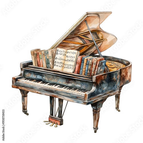 Watercolor illustration of a vintage grand piano with an open lid, antique musical instrument with old books and sheet music, isolated on white background