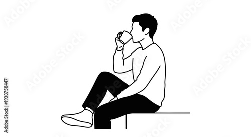 Minimalist illustration of a young man enjoying a hot beverage during a quiet moment of reflection