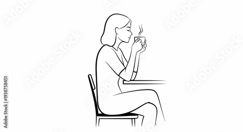 A minimalist line art illustration of a woman enjoying a steaming hot beverage, depicting a moment