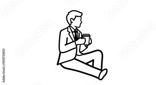 Professional enjoying a coffee break in a minimalist line art style outline illustration