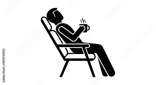 Minimalist graphic depicting tranquil leisure with a steaming cup in a reclined chair