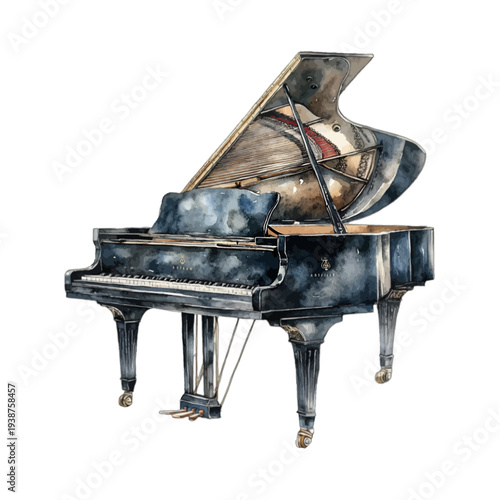 Watercolor illustration of a black grand piano with an open lid, vintage musical instrument with blue textured finish, isolated on white background