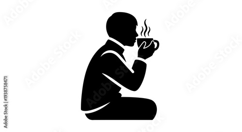 Minimalist silhouette icon depicting an individual peacefully enjoying a hot, steaming beverage