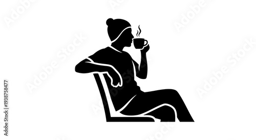 Relaxed individual enjoying a warm steaming beverage in a comfortable seated posture, simple vector