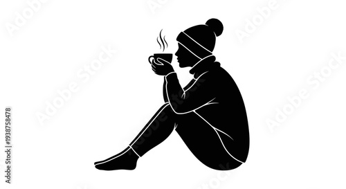 Cozy winter moment with a warm beverage silhouette illustration for comfort and relaxation