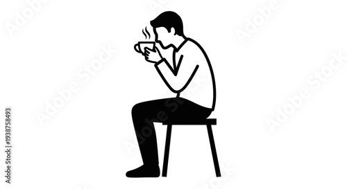 Simple line art depicts a person quietly sipping a hot beverage from a cup while relaxing on a stool