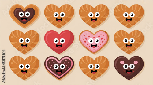 Assorted heart shaped cookies with cute faces on a beige background perfect for valentine's day or sweet treats