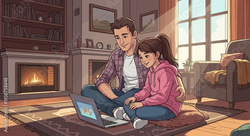 Father and daughter using a laptop on a living room floor by the fireplace