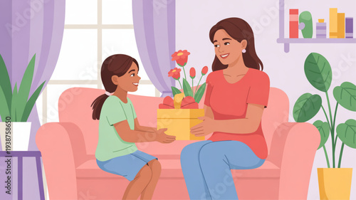 Woman and young girl exchanging gift and flowers on pink couch in cozy living room with purple curtains