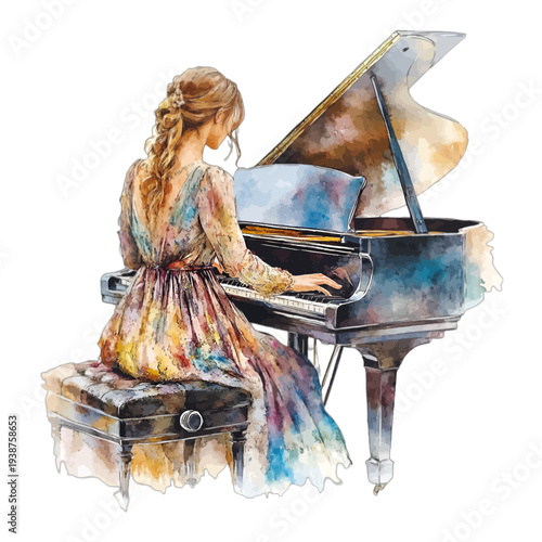 Watercolor illustration of a woman playing a grand piano, back view, female pianist practicing musical instrument, isolated on white background