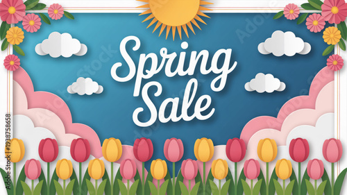 Vibrant spring sale banner with colorful tulips sunny sky and fluffy clouds promoting seasonal discounts and shopping