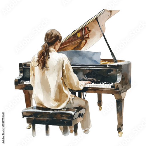 Watercolor illustration of a woman playing a grand piano, back view, pianist practicing musical instrument, isolated on white background 
