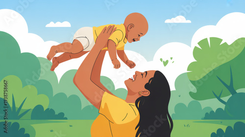 Happy mother playing with baby outdoors in park on sunny day with green trees