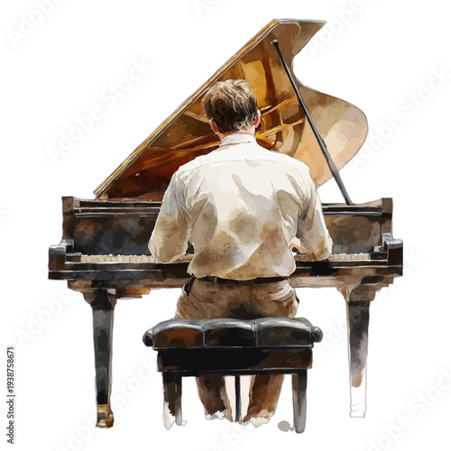 Back view of male pianist playing grand piano, watercolor vector illustration