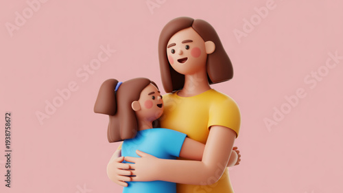 Mother and daughter sharing a warm hug with smiles on their faces in a soft pink background