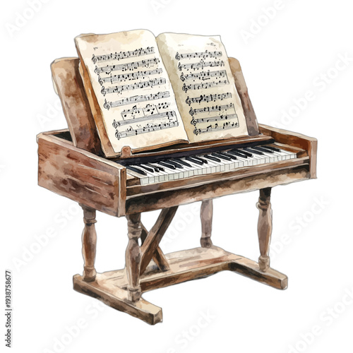 Watercolor Illustration of a Vintage Wooden Clavichord with Open Sheet Music, Antique Musical Instrument Clipart Isolated on White