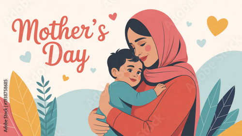 Mother's day illustration of a muslim mother hugging her child with hearts and leaves