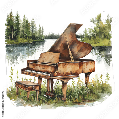 Watercolor grand piano by a serene lake in a forest landscape