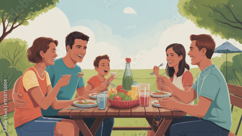 Happy family enjoying a meal together outdoors at a picnic table in a serene green park setting