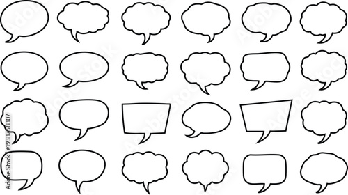 Collection of twenty-four diverse black outlined speech bubbles on a white background Keywords