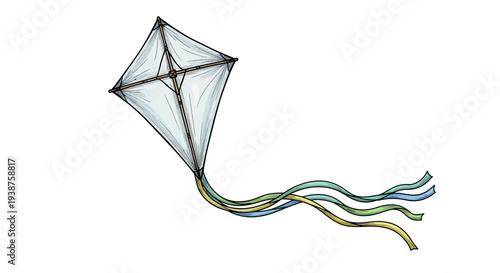 Simple hand-drawn white kite illustration with flowing colorful tails for playful designs