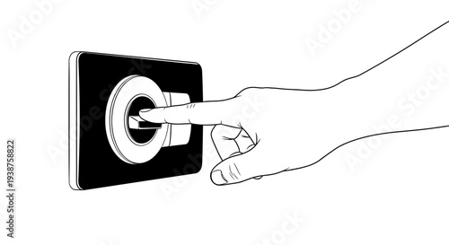 Monochrome vector drawing of a finger engaging a circular switch mechanism on a sleek control panel