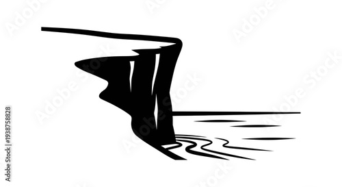 Stylized monochrome illustration depicting a rugged cliff face descending towards tranquil water