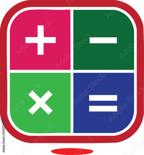 Colorful calculator keypad with plus minus multiply and equals symbols on white background