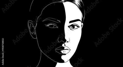 Striking monochrome portrait illustrating human duality and complex identity through bold light