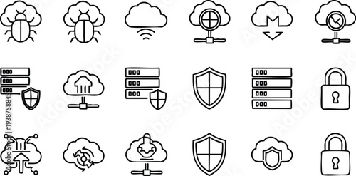 Cybersecurity Collection Including Bugs Clouds Servers Shields and Locks